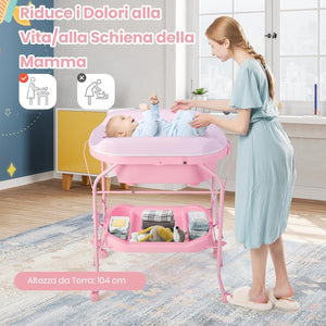 Fasciatoio con Vaschetta per Bambini, Vasca da Bagno per Neonati, Fasciatoio Pieghevole con Materassino, Cestino Portaoggetti, Ruote con Freno, Portata 35kg+15kg (Rosa)