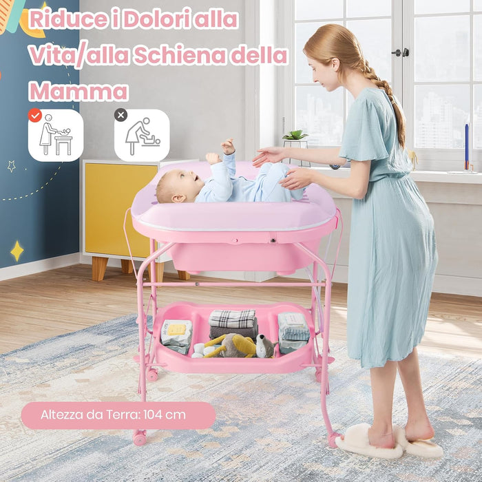 Fasciatoio con Vaschetta per Bambini, Vasca da Bagno per Neonati, Fasciatoio Pieghevole con Materassino, Cestino Portaoggetti, Ruote con Freno, Portata 35kg+15kg (Rosa)