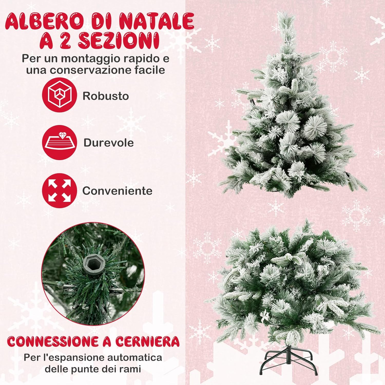 Albero di Natale136/186 cm, Albero di Natale Flockato con 150/250 Luci LED Bianco Caldo, 384/752 Punte di Ramo Miste e Aghi di Pino, Albero di Natale con Cerniera per Casa e Ufficio (136 cm)