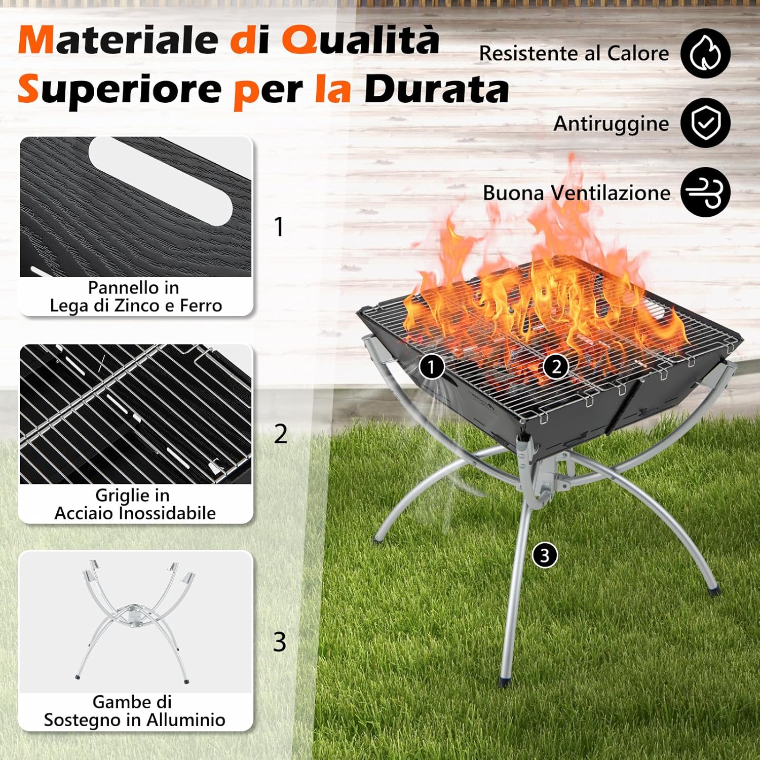 Griglia Barbecue da Campeggio, Barbecue Pieghevole Portatile 3 in 1 con Griglie in Acciaio Inossidabile, per Picnic, Campeggio, Cortile e Patio