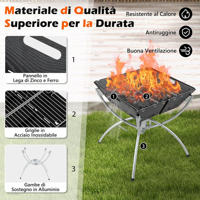 Griglia Barbecue da Campeggio, Barbecue Pieghevole Portatile 3 in 1 con Griglie in Acciaio Inossidabile, per Picnic, Campeggio, Cortile e Patio