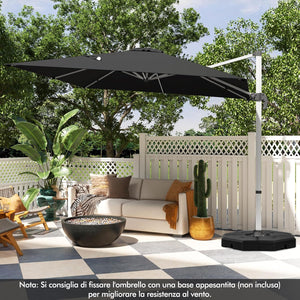 Ombrellone da Giardino, con Base Incrociata, Ombrellone Quadrato da Esterno con Palo in Alluminio e Girevole a 360°, Manovella e Inclinazione Regolabile, 300 x 300 cm (Nero)