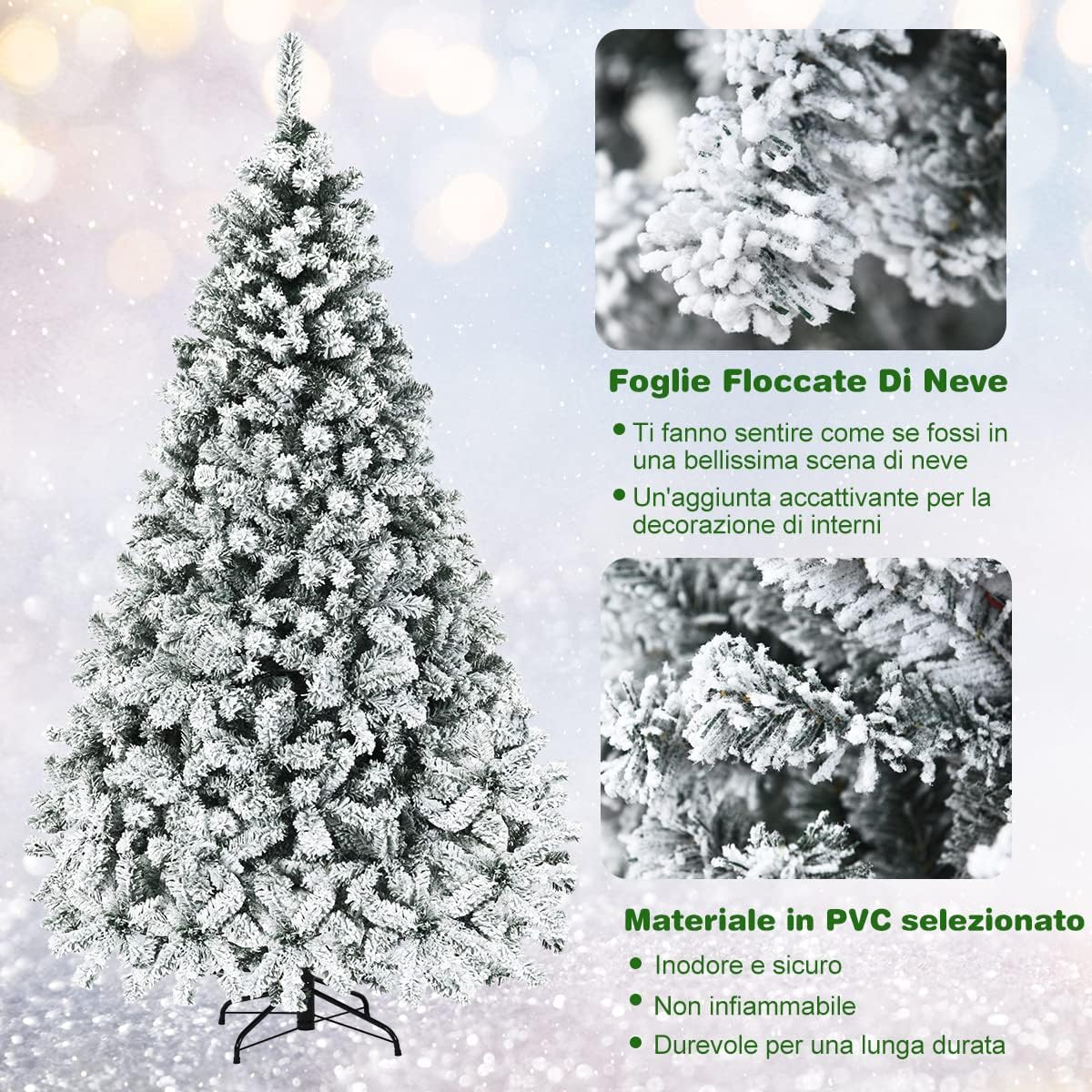 Albero di Natale Innevato 180/225 cm, Albero di Natale con 250/450 Luci a LED Bianco Caldo, 600/1010 Rami Folti e Base Metallica, Ideale per Casa, Ufficio e Negozio (225 CM)