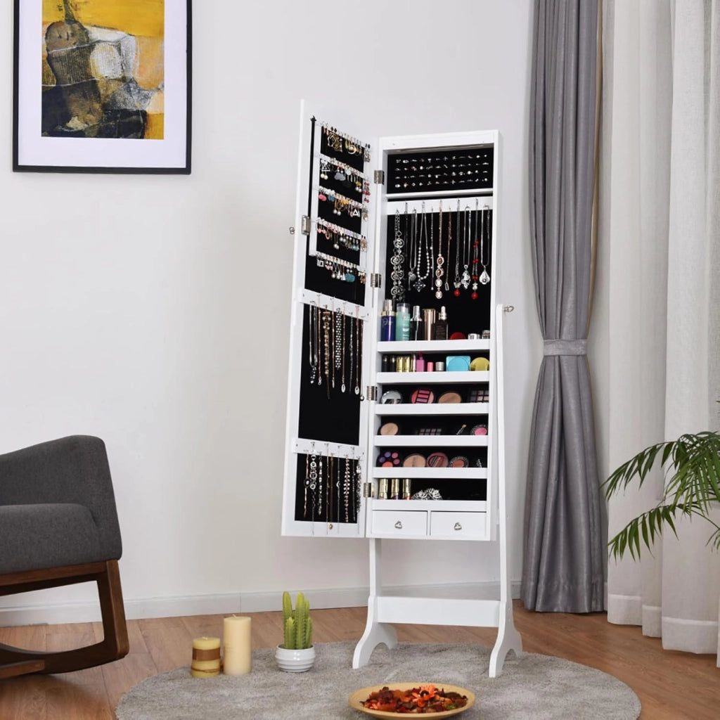 Armadietto Portagioie da Terra, Specchio Portagioie con Luci LED, Angolo Regolabile, con Chiave, 41,5 x 37 x 160 cm (Bianco)