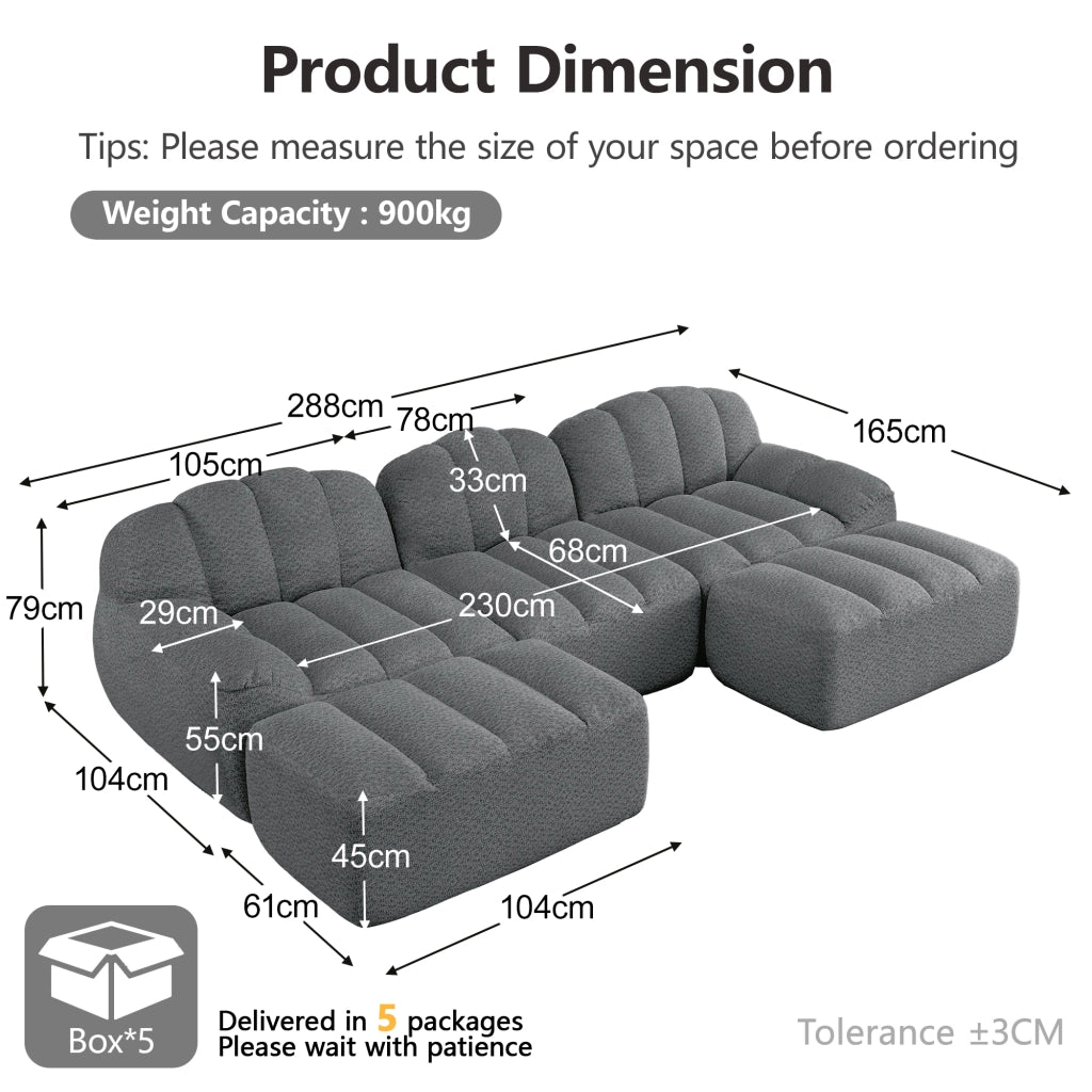 Divano modulare senza struttura con seduta profonda e pouf, in fleece granulare grigio per soggiorno 288 × 165 × 79 cm