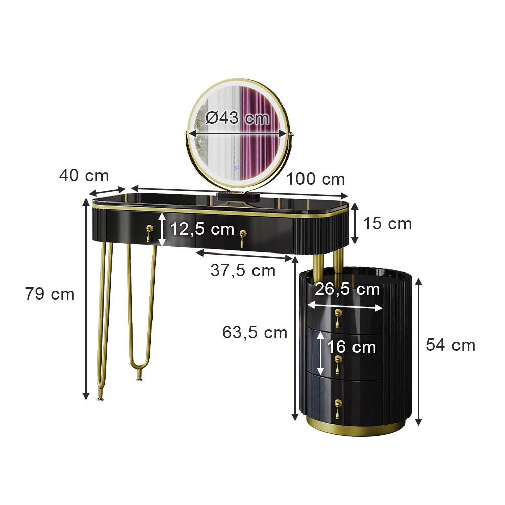 Vicco Tavolo da toeletta Nero 100 cm con specchio a LED