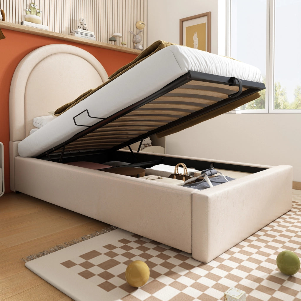 Letto imbottito per bambini beige 90x200 cm con materasso H3 e vano contenitore