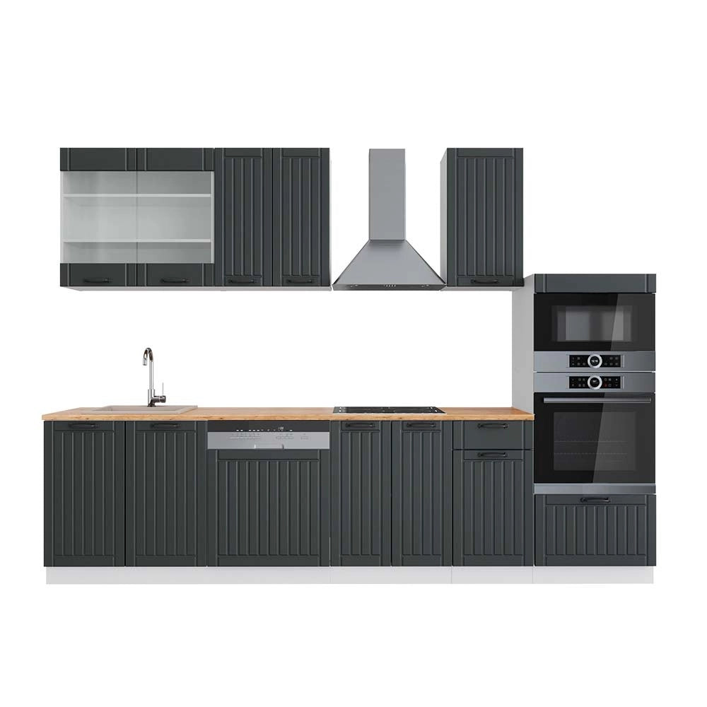 Cucina componibile Fame-Line Antracite rustico/Bianco 300 cm con armadio alto, PL Rovere Vicco