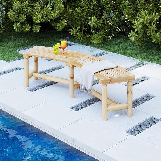 Panchina Curva da Patio, Panchina di Legno Massello per 2-3 Persone, Panca da Fuoco Senza Schienale per Esterni, Giardino e Bordo Piscina, Portata 360 kg (Naturale)