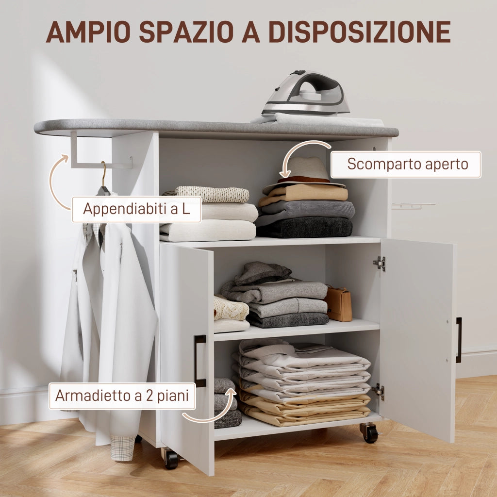 Mobile Asse da Stiro 125x43.5x102.5 cm con Armadietto a 2 Ante e Spazio Aperto Bianco