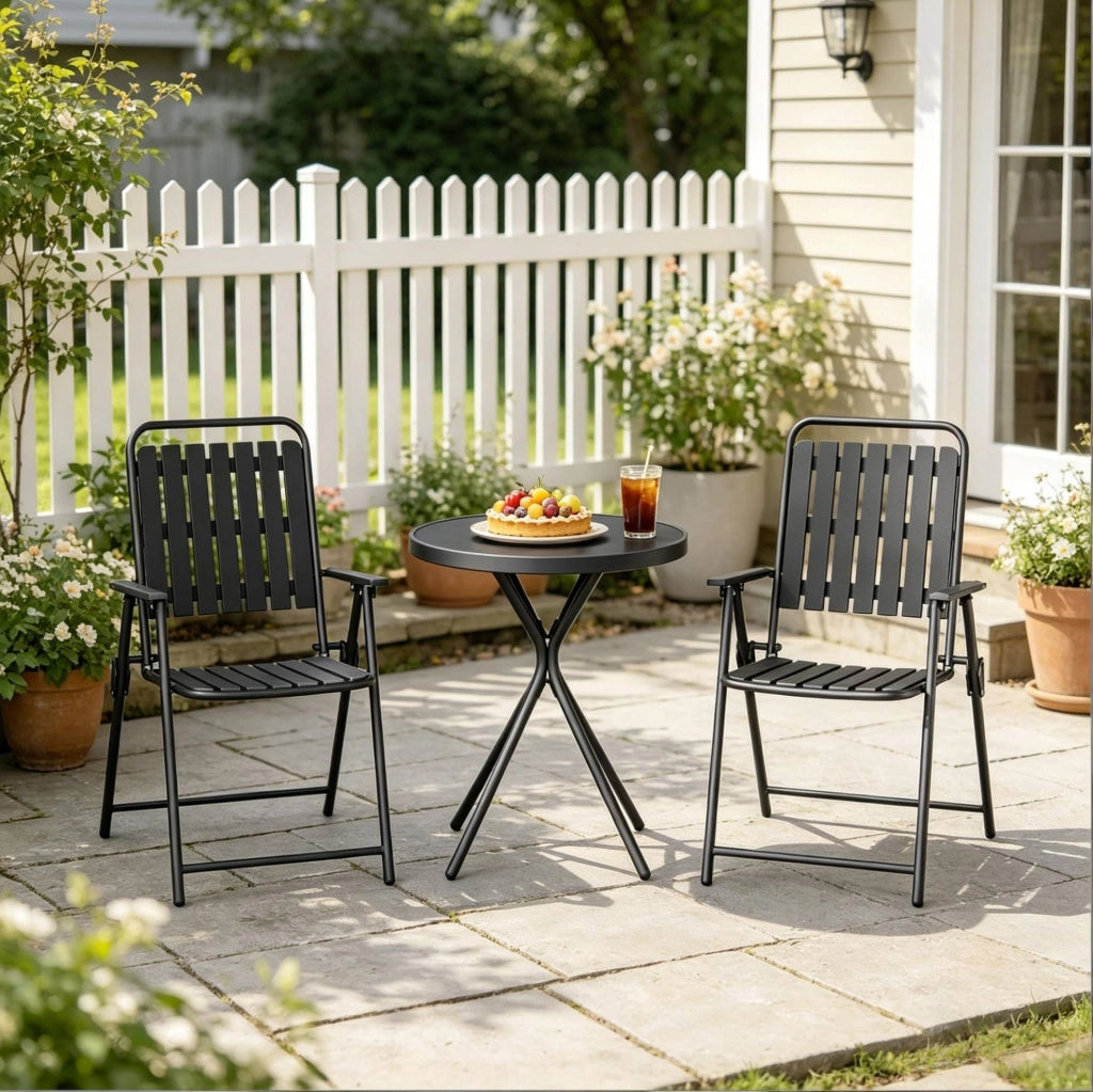 Set tavolo e sedie da giardino 3 pezzi pieghevole in metallo e vetro temperato; nero