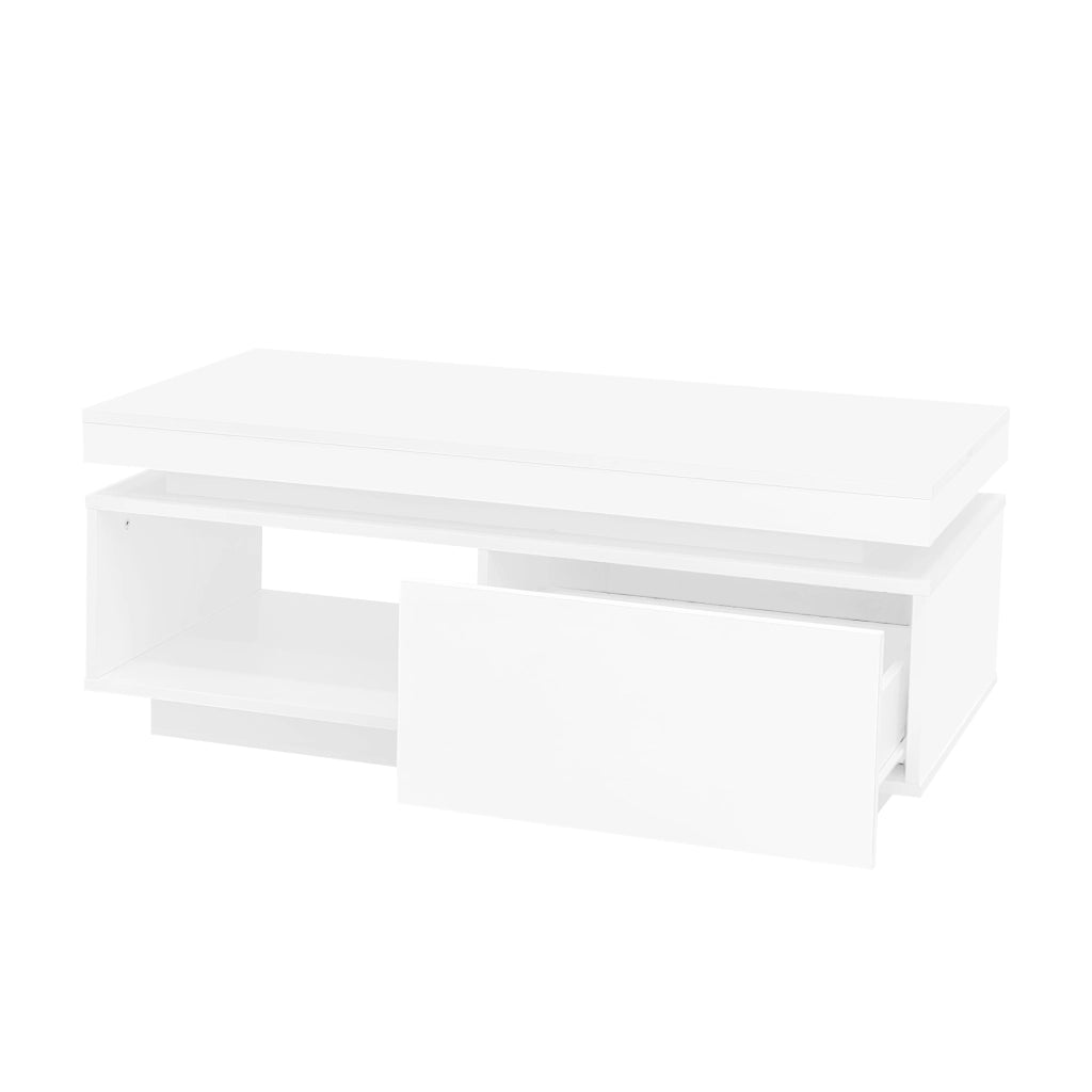 Tavolino da salotto 100x50x40;3 cm; lucido con LED e cassetto; truciolato bianco