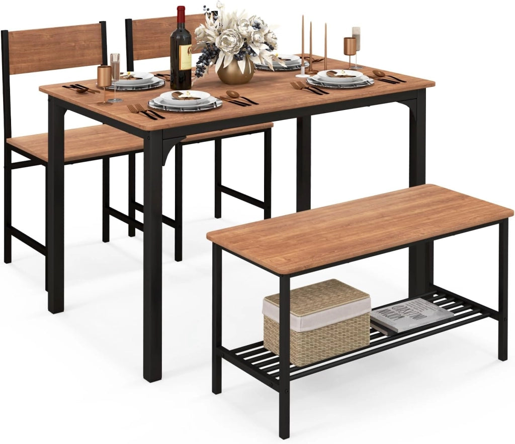 Set Tavolo e Sedie da Pranzo, Sedie Tavolo da Pranzo, Tavolo da Pranzo in Legno, con 2 Sedie e 1 Panca, Design Industriale e Struttura Resistente, Adatto a Sala da Pranzo (Caffe)
