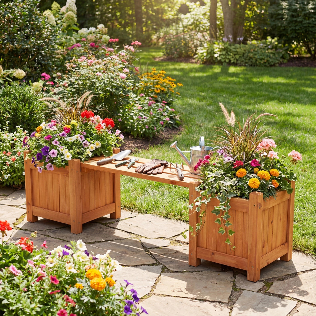 Cassetta per fiori in legno con panchina e base aperta-Fioriera elevata per vasi patio cortile veranda Marrone