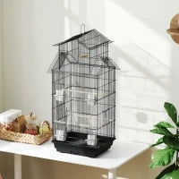 Gabbia per uccelli voliera con altalena maniglia portatile 4 mangiatoie 3 posatoi 50,5 x 41 x 104 cm in acciaio nero