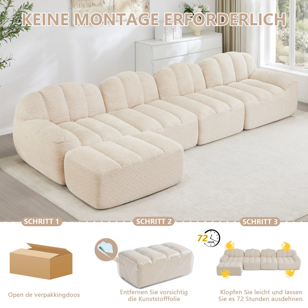 Divano angolare modulare 4 posti con ottomano in fleece granulato per soggiorno beige bianco 366 × 165 × 79 cm
