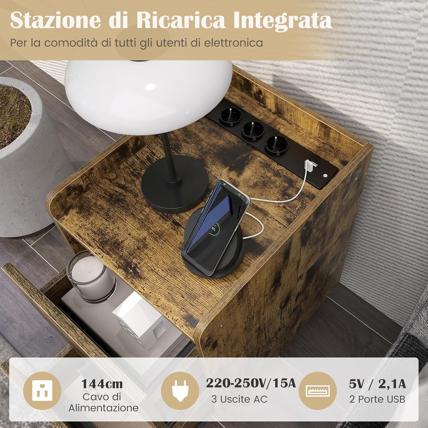 Comodino con Stazione di Ricarica, Comodino con 2 Cassetti, 2 Porte USB e 3 Prese, Tavolino Leterale con Gambe in Metallo, Portata Tolate 20 kg, 32 x 40 x 60 cm (2, Caffè)