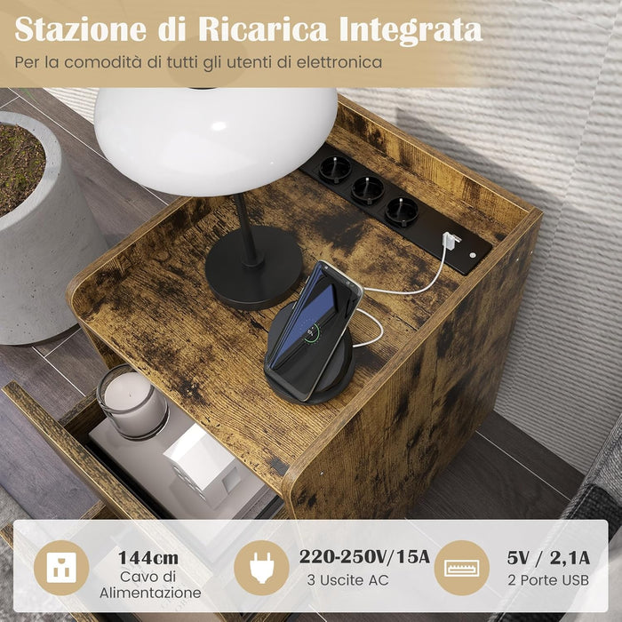Comodino con Stazione di Ricarica, Comodino con 2 Cassetti, 2 Porte USB e 3 Prese, Tavolino Leterale con Gambe in Metallo, Portata Tolate 20 kg, 32 x 40 x 60 cm (2, Caffè)