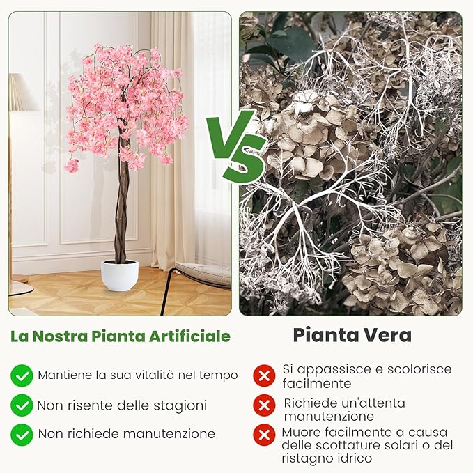 Albero di Ciliegio Artificiale 163 CM, Pianta Finta da Interno con Vaso in PP Riempito con Cemento, Fiori in Tessuto, Decorazione per Ufficio, Casa e Veranda (Rosa)