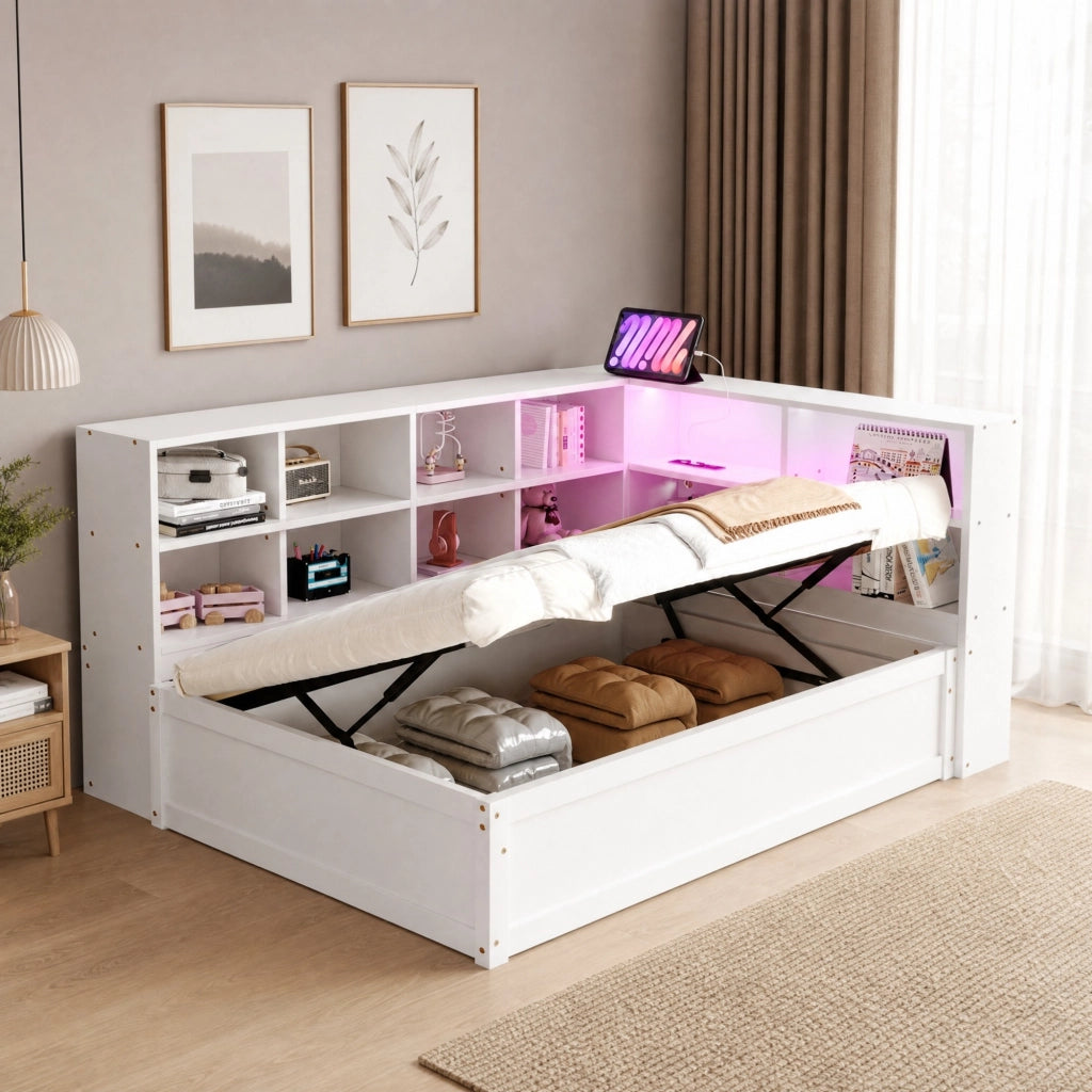 Letto multifunzione 90x200 cm con LED, prese e vani bianchi