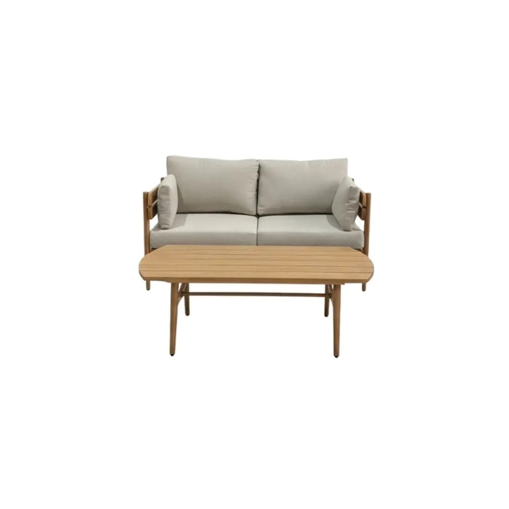 Set da giardino SELVANO 4 posti in alluminio effetto legno con cuscini beige e tavolino basso