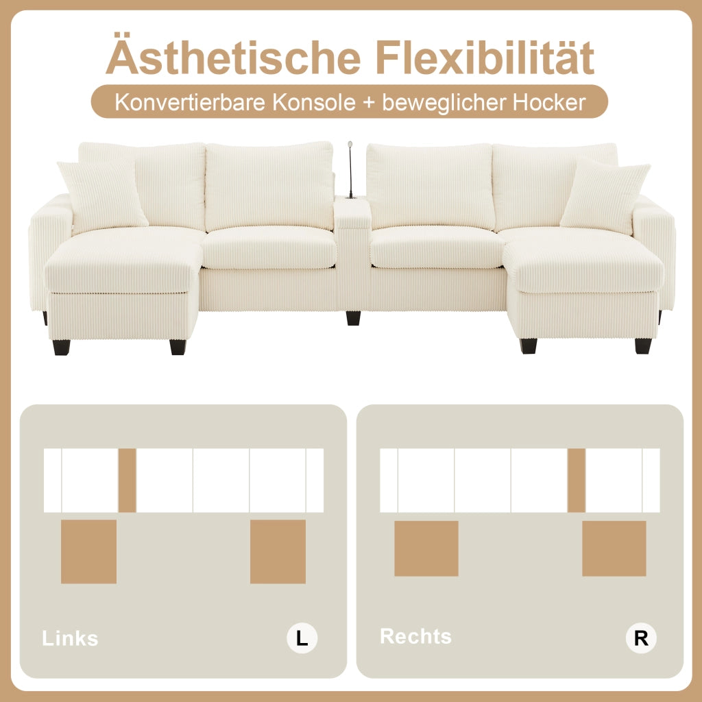 Divano angolare 4 posti con ricarica USB e Type-C; contenitore - in tessuto a coste beige