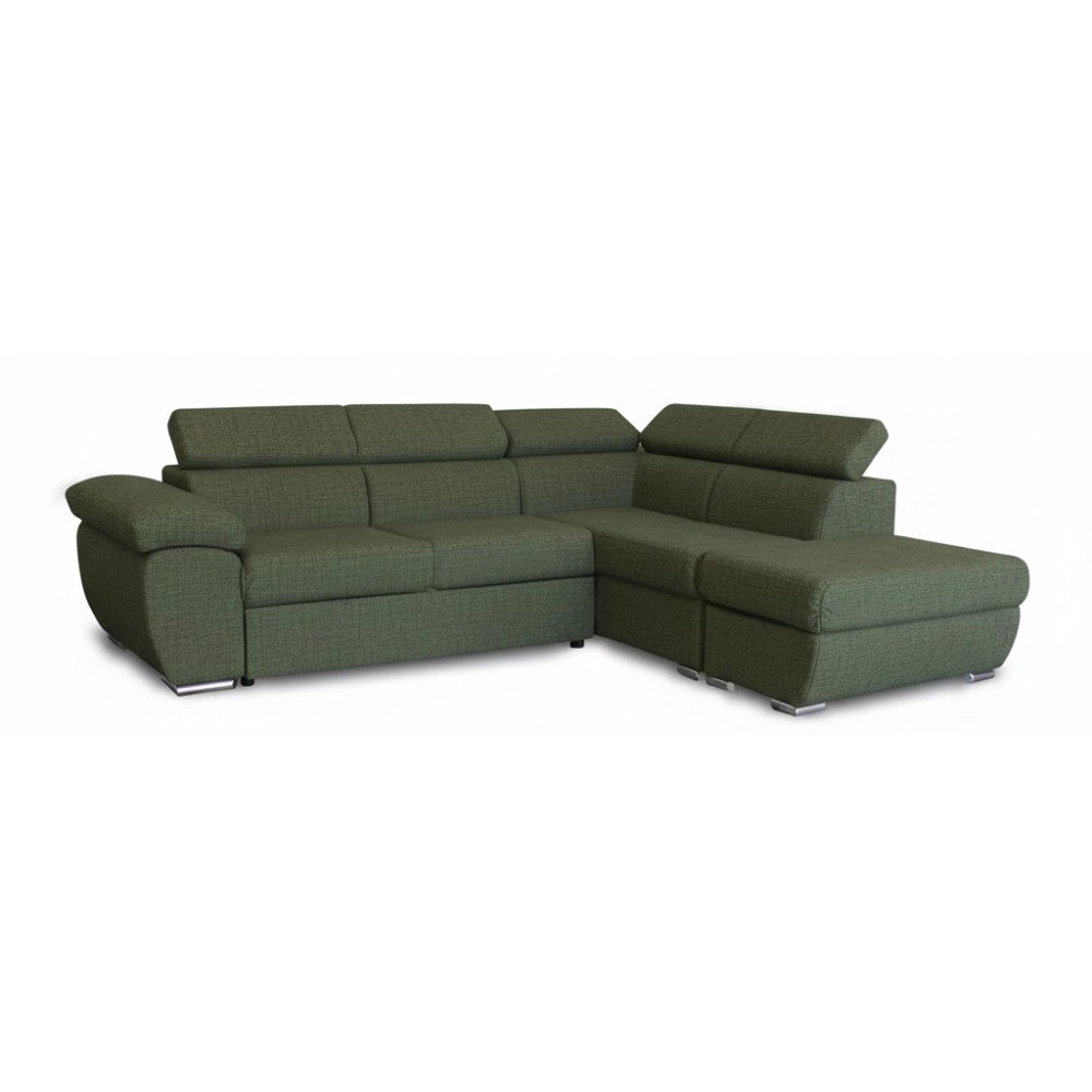 Divano Letto Angolare Fiona con Penisola Destra e Pouf Contenitore – Verde Oliva