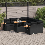 Set Divani da Giardino 9 pz con Cuscini Nero Polyrattan Acacia