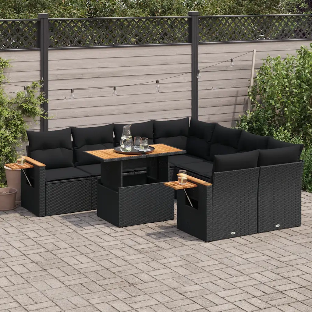 Set Divani da Giardino 9 pz con Cuscini Nero Polyrattan Acacia