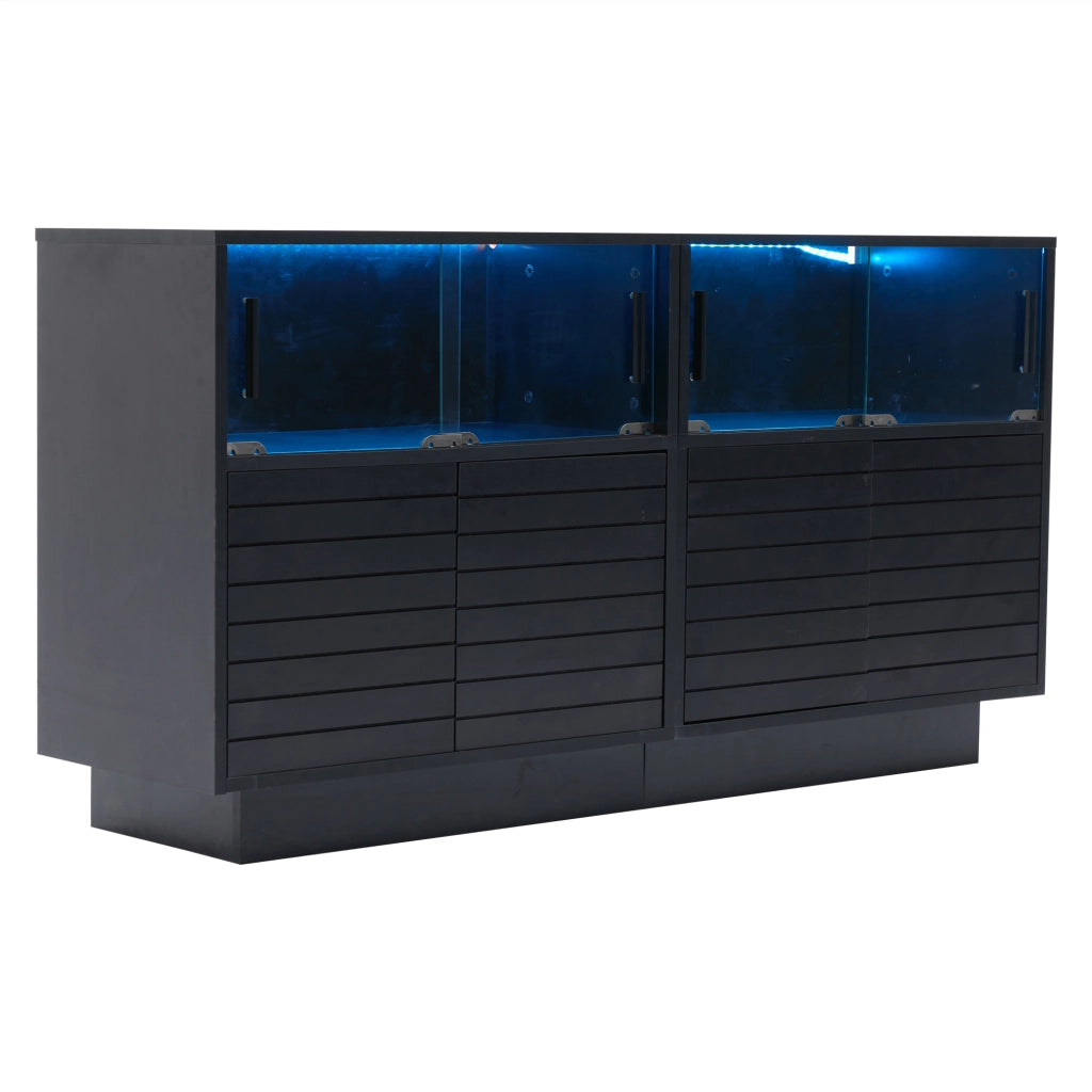 Credenza moderna con LED - Zephmum- 130x35x68cm- 2 ante, 4 ripiani, porte in vetro