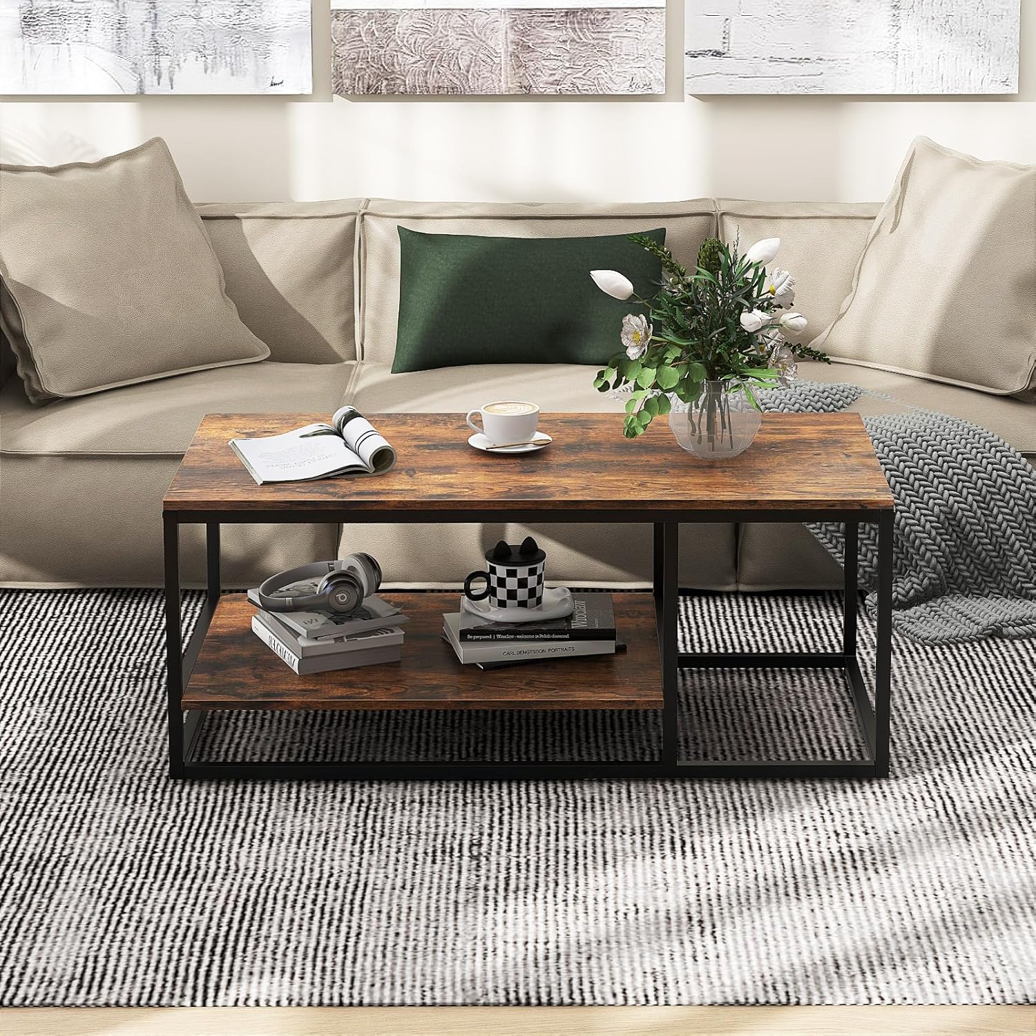 COSTWAY Tavolino da Caffè a 2 Livelli, Tavolino Rettangolare con Mensola e Struttura in Metallo, Tavolino in Legno per Salotto, Ufficio e Studio, Marrone