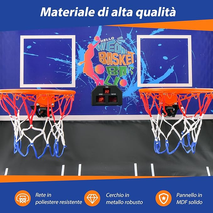 Macchina da Pallacanestro Elettronica, Canestro Basket da Camera a Doppio Tiro Pieghevole con Punteggio Elettronico, 4 Palle, 8 Modalità di Gioco e 2 Canestri (Blu)