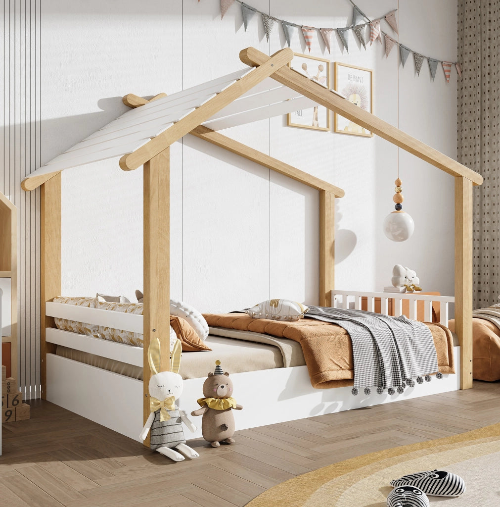 Letto per bambini a casetta 90x200 cm in legno bianco e naturale