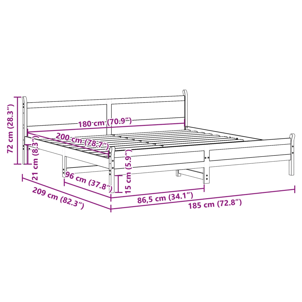 Letto matrimoniale | Letto per adulti | Letto senza Materasso 180x200 cm in Legno Massello di Pino