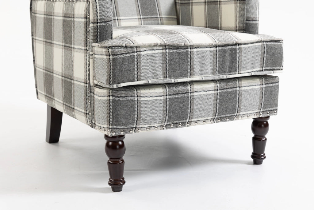 Sedia accent in stile vintage con rivestimento a righe bianco e grigio, struttura in legno e montaggio facile