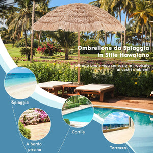 Ombrellone di Paglia in PP 208 cm, Ombrellone da Spiaggia Pieghevole, Parasole Hawaiano con Inclinabile in Metallo, Resistente all'Acqua e al Sole, per Spiaggia Giardino Balcone