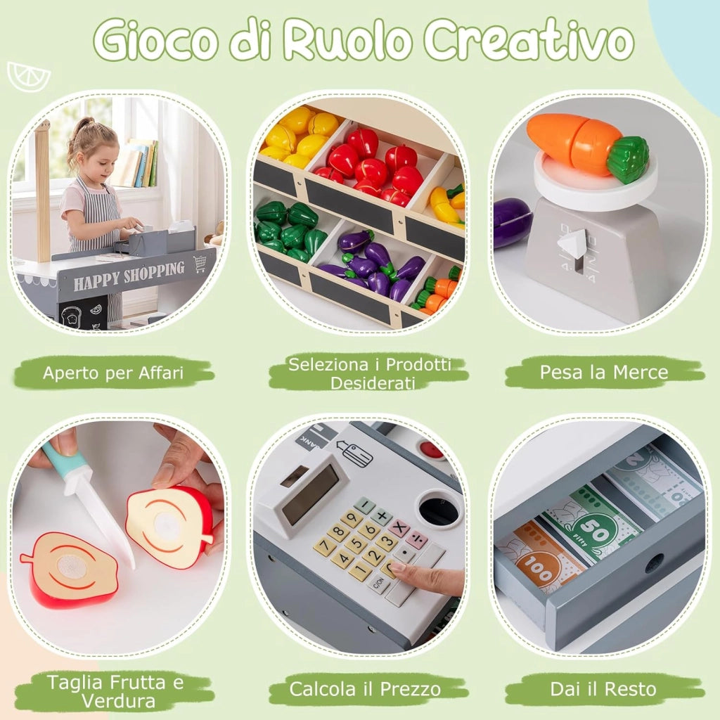 Supermercato Giocattolo per Bambini, Set di Gioco Comprasuper con Carrello, Lavagne, Distributore, Banco Cassa e Accessori Complessivi, per Bambini 3+ Anni, 89,5 x 79 x 104,5 cm