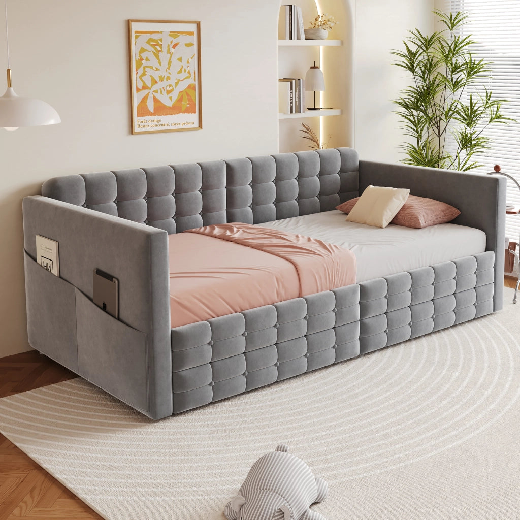 Letto imbottito 90x190 cm grigio con contenitore, tasche laterali, 2 cassetti e rete a doghe