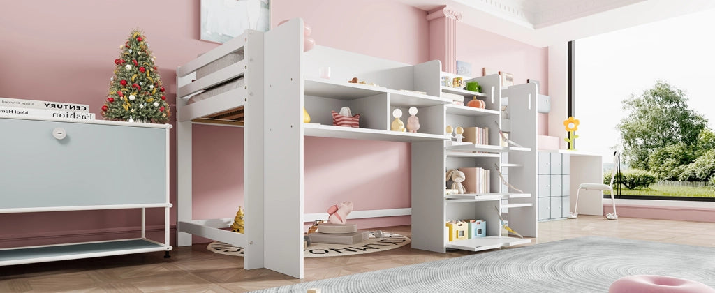 LETTO a soppalco 90x200 cm con ripiani e vani chiusi in pino bianco