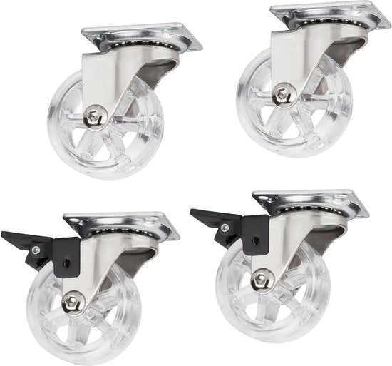 Design di decorazione per ruote di mobili - Ruote RAPID - Ø 50 mm - trasparenti - carico di 35 kg - altezza 64 mm - ruote di mobili con inclinazione - set di 4 - con e senza freno