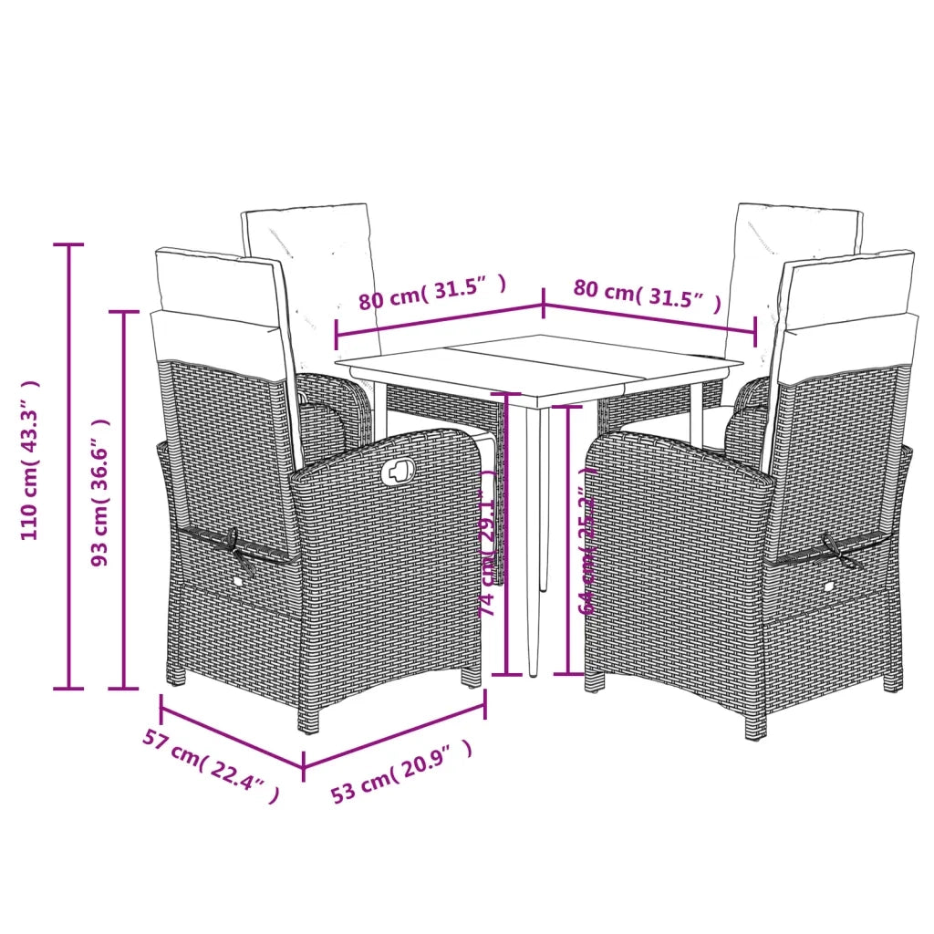 Set da Pranzo da Giardino 5 pz Nero con Cuscini in Polyrattan 3212529