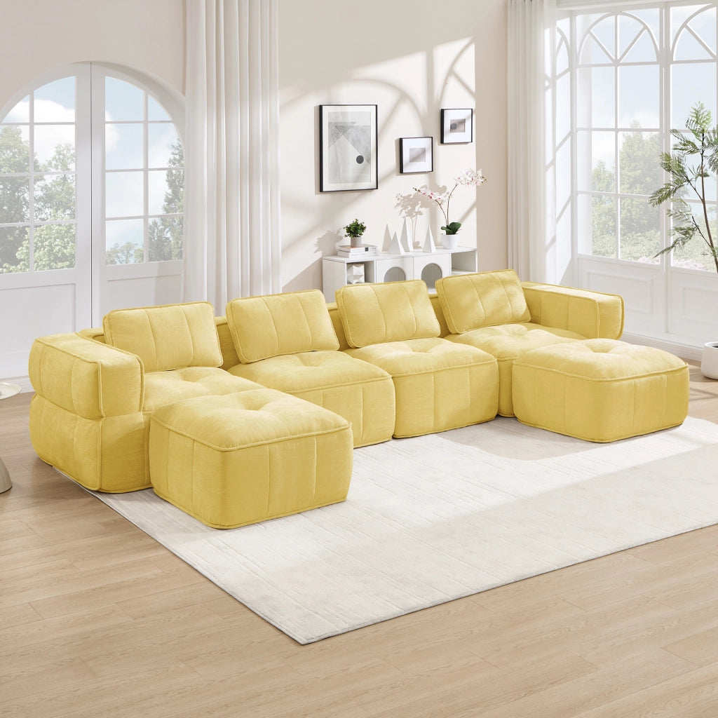 Divano modulare U 4 posti senza struttura con 2 pouf schiuma 32D antiscivolo in poliestere giallo 344 × 162 × 67 cm