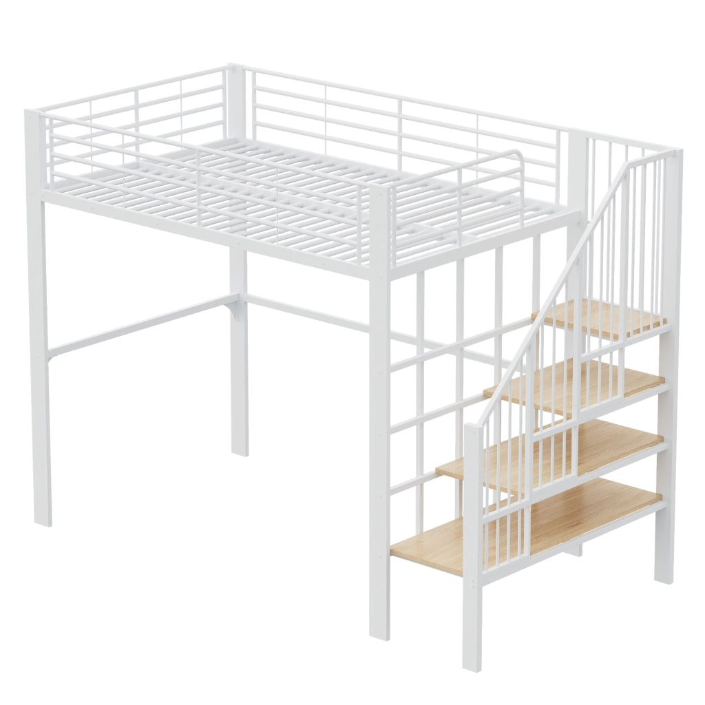 OKWISH Letto a Soppalco 140×200 cm, Letto Matrimoniale con Scala, Ampio Spazio Contenitore, senza Materasso, in Metallo e Legno, Bianco