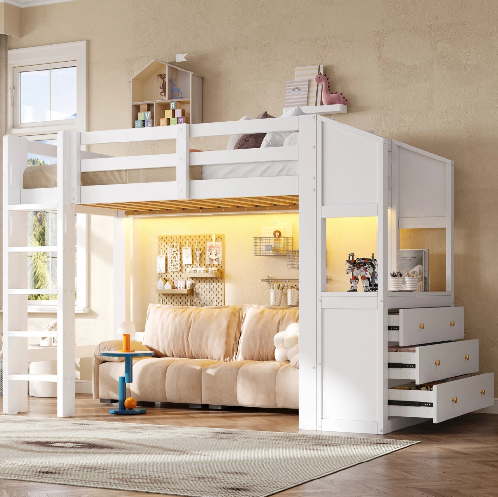 Letto a soppalco 90 x 200 cm con LED, 3 cassetti e ripiani bianco