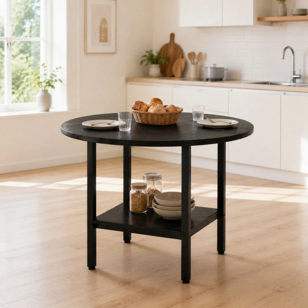 Tavolo da pranzo rotondo Ø100 cm con ripiano, nero