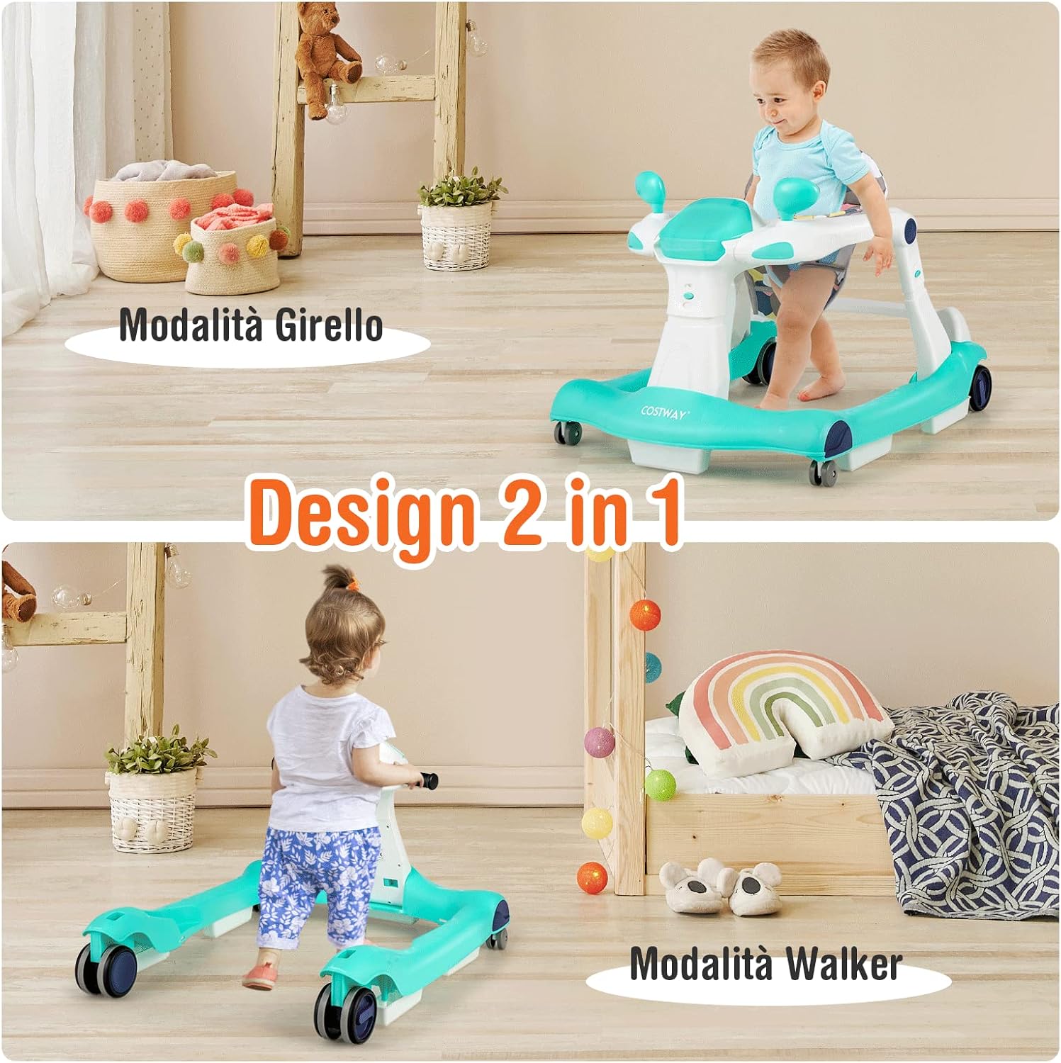 Girello per bambini 2 in 1, Girello con Altezza e Velocità Regolabili, Carillon con Luci e Cuscino Comodo, Primi Passi per Bambini 6-18 Mesi, Capacità di carico: 15 kg (Verde)