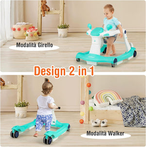 Girello per bambini 2 in 1, Girello con Altezza e Velocità Regolabili, Carillon con Luci e Cuscino Comodo, Primi Passi per Bambini 6-18 Mesi, Capacità di carico: 15 kg (Verde)