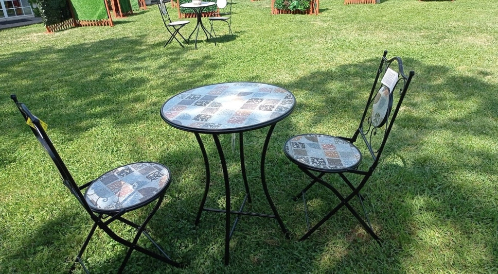 SET PER ESTERNO GIARDINO TAVOLO E 2 SEDIE CON INSERTI IN CERAMICA MODELLO "VILLEFRANCHE"