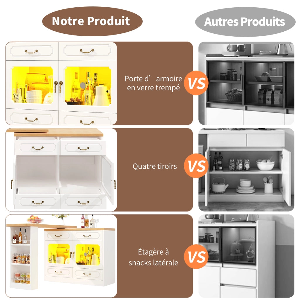 Console con 4 Cassetti; LED e Piano Girevole a 360°; per Cucina; in MDF; 135-203x39x92;8 cm; Bianco