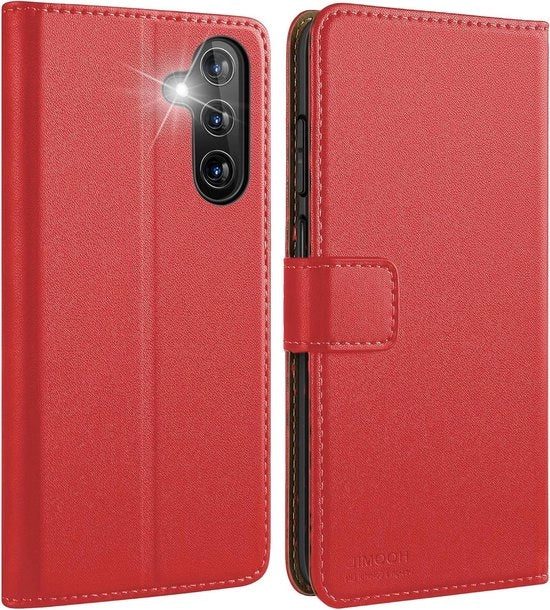 Porta cellulare Galaxy S24 FE 5G, borsa in pelle premium, rosso, fatta a mano e pieghevole con copriporta.